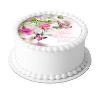 A4 Edible Decor Icing Sheet PERSONALISED PINK ROSE & BUTTERFLY Flower Ribbon 7-8" Circle Cake Topper Decoration - Great for larger cakes