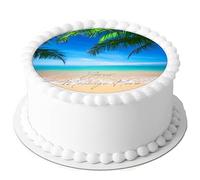 A4 Edible Decor Icing Sheet PERSONALISED Tropical Beach Holiday 7-8" Circle Cake Topper Decoration - Great for larger cakes
