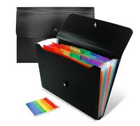 A4 Expandable File Organiser, 13 Pockets, Rainbow Dividers, Carbon Fibre Pattern, Black