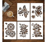 A4 Flower Stencils for Painting, 5PCS Wall Stencil for Crafts Reusable Flowers & Leaves Stencils for Garden Fence for DIY Art Wood Wall Furniture Fabrics Decor (29.7 * 21cm)