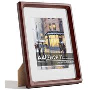 A4 Frame, Natural Solid Mahogany Wood A4 Picture Frame, A4 Photo Frame 21x29.7 cm with Mount for A5 Prints, Certificates Documents Poster Frames with Tempered Glass for Wall or Tabletop Display