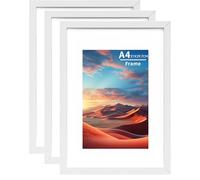 A4 Frame Wooden Set of 3, Picture Frames with A5 Mount,A4 Photo Frame with Acrylic Glass, A4 Picture Frame with Stand Tabletop or Wall Hanging,Certificate Frame Landscape or Portrait Orientation,White