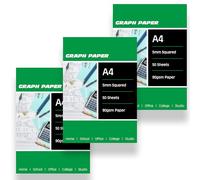 A4 Graph Paper Pad, 5mm Squared Grid, 50 Sheets, 90gsm, for Home School Office College Studio. Pack of 3