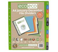 A4 Index File Dividers - JAN to DEC Month Extra Wide Width Coloured Coded Tabs, Strong Plastic Ideal for Home, Office, Business, Professional, Organise Documents by 4 Square - 89070 (12 Sets)