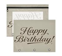 A4 Letter Pencil Case with 3 Holes Zipper 2 Pieces for Students and School Happy Birthday Black Khaki