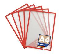 A4 Magnetic Frame for Metallic Surfaces - Pack of 5 - Keeps documents Clean and Highly Visible - No Fixing Required Simply Lift and relocate on to Any Steel Surface, Colour: RED
