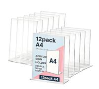 A4 Menu Holders 12 Pack Acrylic Sign Holder Clear L-Shaped Double-Sided Perspex Menu Tabletop Leaflets Poster Display Stands with Slant Back Design for Restaurants Offices Stores Events School