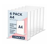 A4 Menu Holders, 6 Pack Acrylic Sign Holder Clear L-Shaped Double-Sided Perspex Menu Tabletop Leaflets Poster Display Stands with Slant Back Design for Restaurants Offices Stores Events School