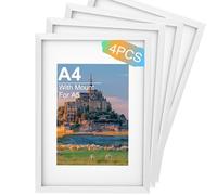 A4 Picture Frame 4 Pack, White Wooden A4 Photo Frame 21 x 29.7 cm with A5 Mount, Poster Frame for Certificates and Artwork, Wall Mount Horizontal or Vertical