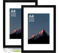 A4 Picture Frame Pack of 2,A4 Frame with Mount,Natural Wood Frame with A5 Mat,A4 Black Frame for Wall Hanging or Tabletop,Display for Certificates,Artwork or Photographs