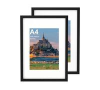 A4 Picture Frame set of 2, Black Wooden A4 Photo Frame 21 x 29.7 cm with A5 Mount, Poster Frame for Certificates and Artwork, Wall Mount Horizontal or Vertical