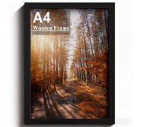 A4 Picture Frame, Wooden Photo Frame, Versatile Black Frame with Safe Perspex Front & Wall Hanging Hooks - For Display, Landscape or Portrait Orientation, Wall-Mount & Desk Stand