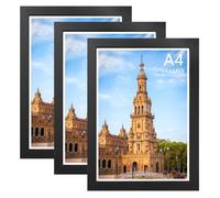 A4 Picture Frames 3 Pack, Black Wood Grain Effect Photo Frame Set with Shatterproof Perspex, 21x29.7cm Certificate Frames for Professional Display, Portrait or Landscape