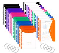 A4 Plastic Pockets Punched Pockets - 24 Pack Expandable Envelope Document Folder with Button Label Pocket and 8 Binders - Colored Polyfile for A4 A5 Paper for School Paperwork Stationery Supplies