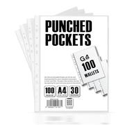 100 Pcs A4 Plastic Punched Punch Pockets 30 Micron for Folders Filing Wallets Sleeves