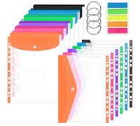 A4 Plastic Wallets - 12 Pack Punched Pockets Expandable Document Folders with Button, Colorful Punched Pockets, Tab Card & 4-Ring Binders for School, Office, Home, and Travel (Horizontal & Vertical)
