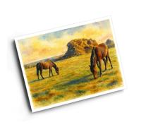 A4 PRINT - Dartmoor Ponies at the Tors, Yelverton - Vintage Art Style