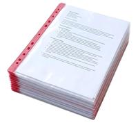 A4 Punch Pockets Pack of 50 Document Filing Wallets Sleeves Crystal Clear Poly Pockets for Folder Ring Binders & Lever Arch Files - Punched Coloured Spine Red, Green,Yellow, Blue or White (RED)