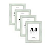 A4 Sage Green Picture Frame - Shabby Chic Photo Frame with Distressed Finish, Gold Trim, Wall Hooks and Kickstand, 37mm Edge - 4 Pack