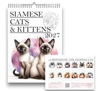 A4 Siamese Cats & Kittens Wall Calendar 2027, 12 Monthly Pages, Metal Binding with Hook,Handmade, US & UK Holidays, Cat Calendar 2027, Felines, Cat Gifts