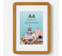 A4 Solid Teak Wood Picture Frame with Round Corner & HD Plexiglass | Photo Frame with mat for A5, Hanging Hardware Included, for Wall & Tabletop