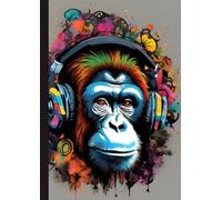 A4 Steam Punked Notebook - Multi Coloured Monkey with headphones 2 on Grey: lined paper 106 pages