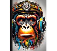 A4 Steam Punked Notebook - Multi Coloured Monkey with headphones 3 on Grey: lined paper 106 pages