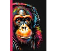 A4 Steam Punked Notebook - Multi Coloured Monkey with headphones on Black: lined paper 106 pages