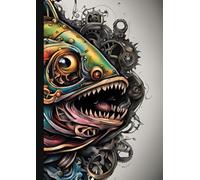 A4 Steam Punked Notebook - Multi Coloured Wraparound Piranha 2 on Grey: lined paper 106 pages