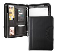 A4 Vegan Leather Portfolio Folder, Professional Conference Folder with 4-Ring Binder & Calculator, 10 Sheet Protectors & Clipboard Document Organiser for Business Travel, Business Office Men & Women