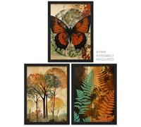 A4 Wall Art And Frame Set of 3 Botanical Autumn Butterfly Ferns Trees Artery8 Orange A4