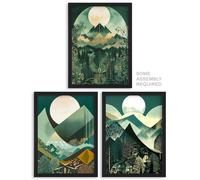 Artery8 Geometric Landscapes Wall Art - Set of 3 A4 Sized Art with Black Frames - Forest Mountain Boho Art Deco Tan Teal Green Full Moon Sunrises