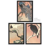 Artery8 Ohara Koson Bird Wall Art - Set of 3 A4 Sized Art with Black Frames - Kachō-e Flower Crow Crane Peacock Japanese Paintings