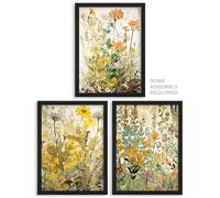 Artery8 Wildflower Wall Art - Set of 3 A4 Sized Art with Black Frames - Vintage Pastel Colour Florals Yellow Pink Teal Spring Flower Field