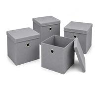 A406 Foldable Fabric Storage Boxes with Lids Set of 4 Non Woven Cubes for Shelves Wardrobe Home Organisation Foldable Storage Cubes collapsible Storage Box in Grey Blue White Black (Grey, 25x25x25cm)