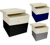 A406 Foldable Storage Box with Lid Storage Cube Collapsible Fabric Organiser Storage Basket with Handle Wardrobe Storage Organiser Box Toy Box With Lid (30x30x30cm(Large), Beige/Black)