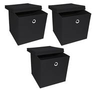 A406 Storage Cube Organiser Box with Lid, 27-inch, Foldable Fabric, Set of 3, Collapsible Fabric Storage Cube Black, Blue, White Grey (Black)
