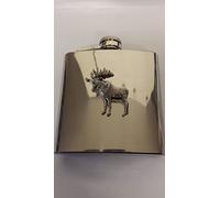 A47 Standing Moose fine english pewter 6oz Stainless Steel Hip Flask With Pewter Emblem Captive Top