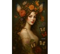 A5 A4 A3 Forest Fairy Poster Wall Art Featuring Elegant Female Portrait with Delicate Floral Decorations and Colorful Butterflies for Home or Office (A5 (210x148mm), High-resolution paper)