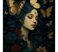 A5 A4 A3 Poster with Elegant Female Portrait Surrounded by Floral Arrangements and Butterflies Designed for Wall Display in Various Interior Settings (A4 (297x210mm), High-resolution paper)