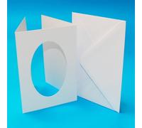 A5 Aperture Cards 10 Pack - White Tri Fold Oval Cut Blank Card & Envelope Set 300gsm Hammered Finish for Craft Making Invitations Photos Cross Stitch