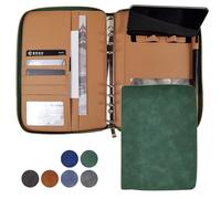 A5 Binder Case PU Leather Portfolio Budget Binder Refillable Notebook Planner Cover with Zipper 6 Rings Money Document Organizer for Business Interview (Green)