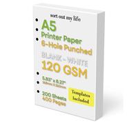 A5 Blank Paper, 120 GSM, 6-Hole Punched, 200 Sheets (400 Pages), Printer Paper 148 x 210 mm (5.83 in x 8.27 in)