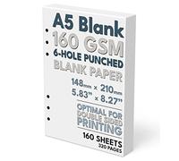 A5 Blank Paper, 160 GSM, 6-Hole Punched, 160 Sheets/320 Pages, White, 148mm x 210mm (5.83 in. x 8.27 in.)