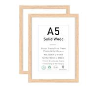 A5 Certificate Picture Frame,OAK Wood Photo Frame with mount for 4x6 print,Poster Frame with plexiglass for Wall Mount Display,15x21 cm,Set of 2