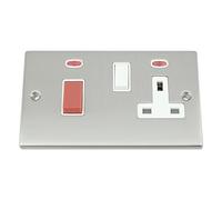 A5 Cooker Control Unit 2 Neon Indicators - Satin Matt Chrome Square - White Insert - 45A Switch with 13A Socket