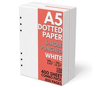 A5 Dot Grid Paper, Extra Thick, 6-Hole Punched, 400 Sheets (800 Pages), 120 GSM