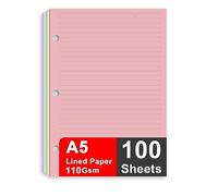 A5 Filler Paper, 3 Hole Notebook Refills Paper for 3 Ring Refillable Binder, 110 Gsm 5-Color Loose Leaf Planner Refill Paper, 100 Sheets/200 Pages, 5.7 x 8.3 Inch