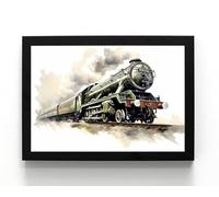 A5 Framed Flying Scotsman Locomotive Wall Art Print, Watercolour Style Fine Art, Age of Steam (Framed 21 x 16 x 1.5 cms)