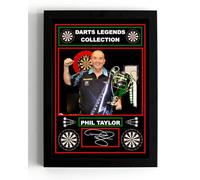 A5 Framed Phil Taylor Darts Legend, copy signed, sporting heros (framed 21 x 16 x 1.5 cms)